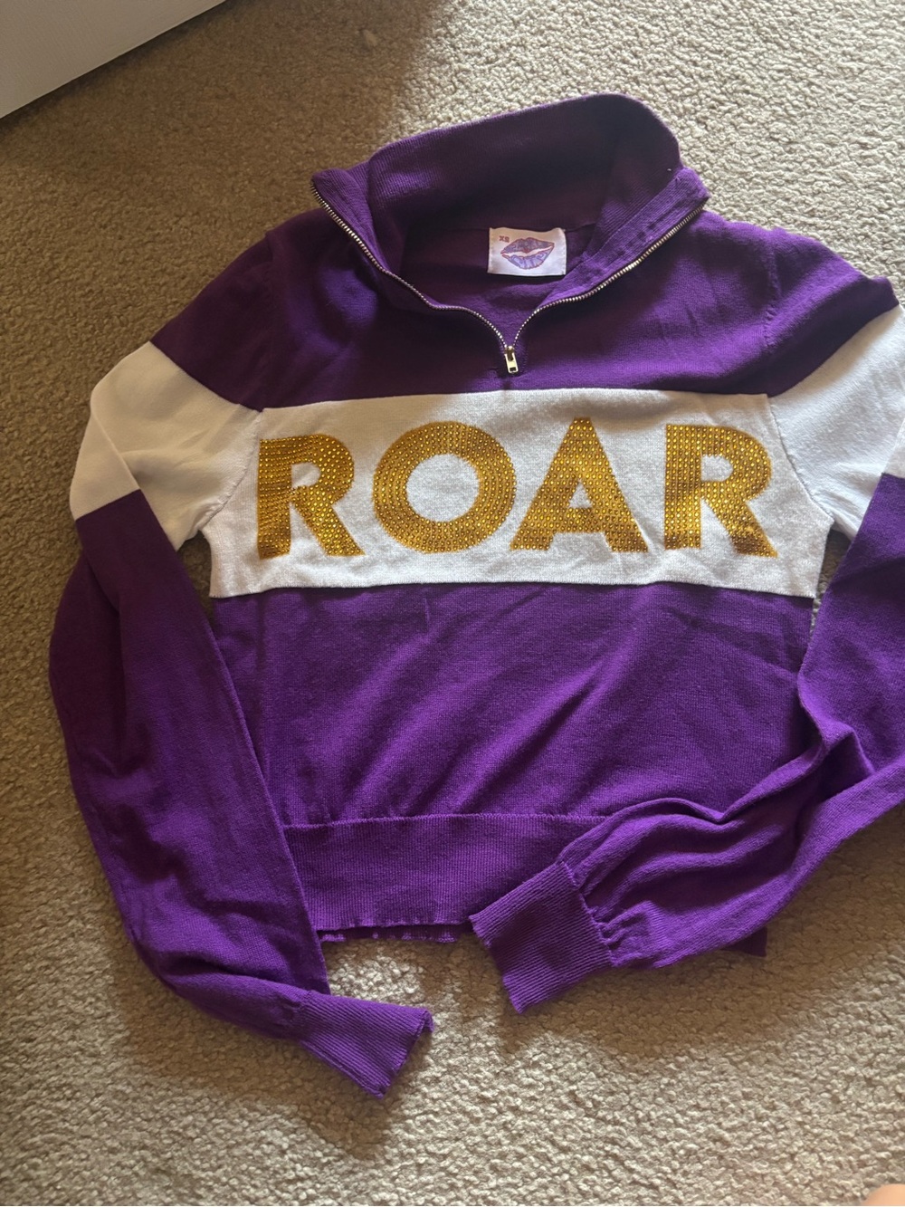 ROAR Half-Zip Cowl Sweater in Purple with Gold Lettering